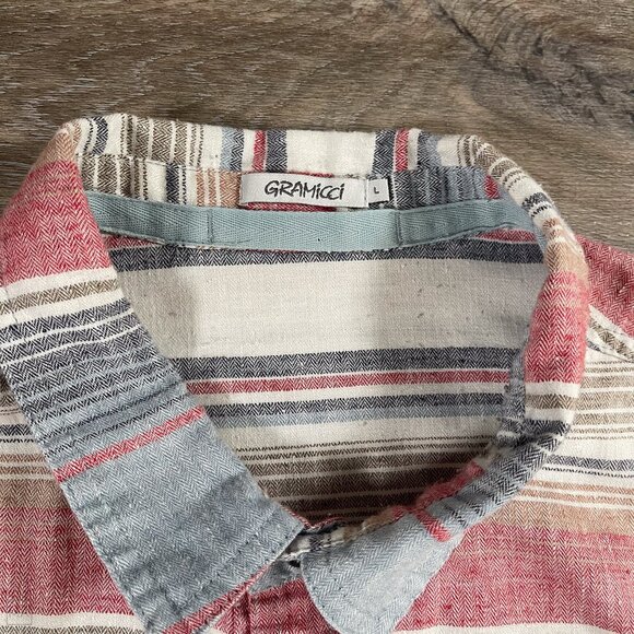 Gramicci Men's Shirt Short Sleeve Stripes Hemp Blend Size L Blue/Beige/Red - Picture 2 of 8